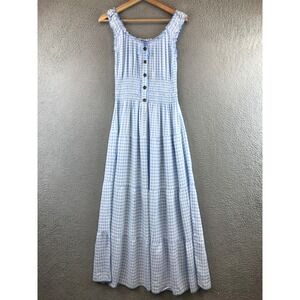 OSTOO Gingham Prairie Maxi Dress Blue White Smocked Waist Button Front Ruffled M
